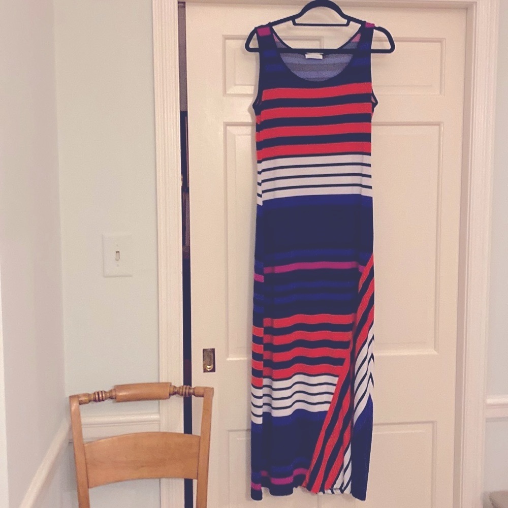 Calvin Klein Maxi Dress Colorful Stripes Wrinkle Resistant Travelers Hot Orange